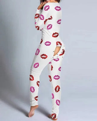Sexy Pyjama Women's Long Sleeves Homewear Suit Button-Down Front Back Butt Bum Open Ass Flap Jumpsuit Loungewear Christmas Print