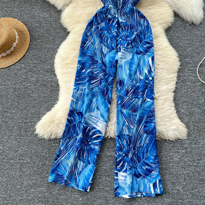 2024 New Summer Sexy Bohemian Leaf Print Jumpsuits Women Sleeveless Sexy Long Jumpsuit Mujer Casual Holiday Beach Rompers