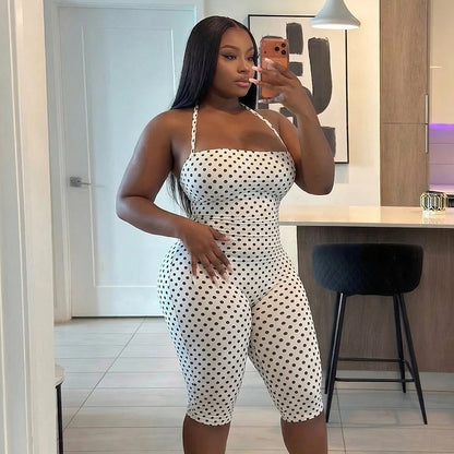 Fashionable polka dot sleeveless hanging neck slim fit jumpsuit, seven part jumpsuit