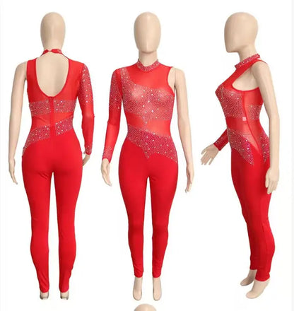 Sexy Club Jumpsuits for Women Rhinestone Decor Sheer Mesh Long Sleeved Party Birthday Outfits Nightclub Romper Overalls 2024