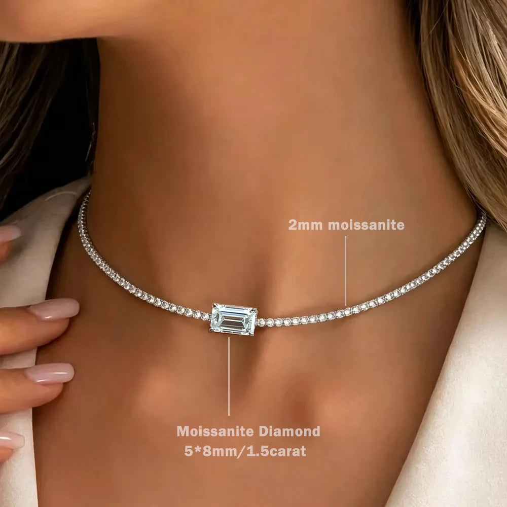 Full Moissanite Tennis Necklace With Emerald Cut Diamond Riviera Necklace S925 Silver Adjustable Layering Choker Fine Jewelry