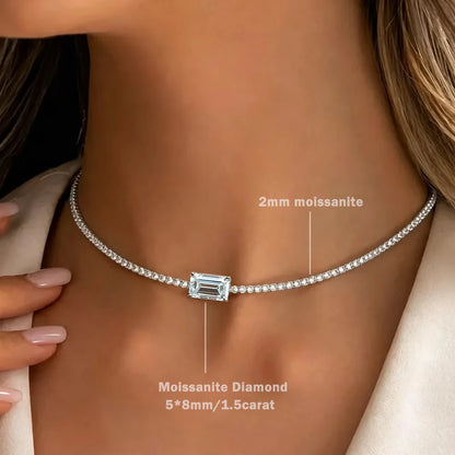 Full Moissanite Tennis Necklace With Emerald Cut Diamond Riviera Necklace S925 Silver Adjustable Layering Choker Fine Jewelry