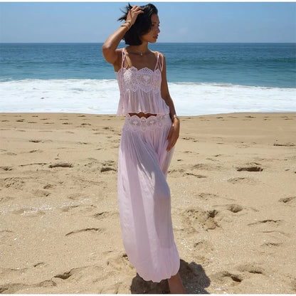 Beach Lace Hollow Out Women's Summer Pants Sets Lace Up Backless Spaghetti Strap Crop Top Loose Pleated Lantern Pant 2026 Suit