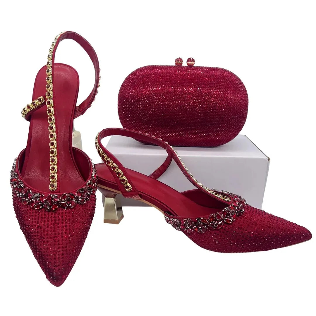Insightlink Luxury Red Rhinestone Slingback Heels Bow Clutch Set Pointed Toe Shoes for Women Wedding Party Banquet Formal Event