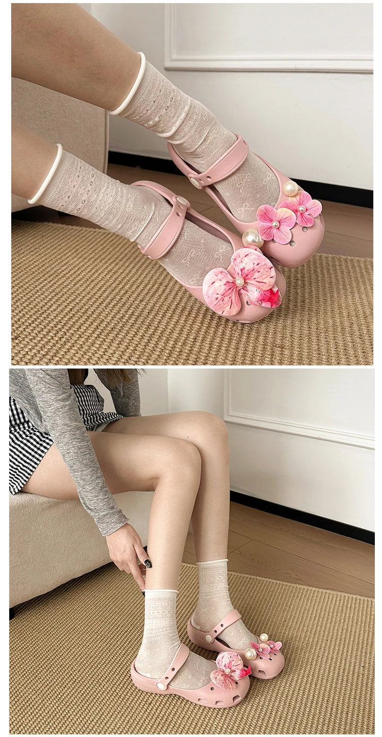 Clogs Summer Slippers Women Luxury Pearl Metal Flower Mary Janes Designer Ballet Shoes Girls Corc Charms Sandals Indoor Outdoor