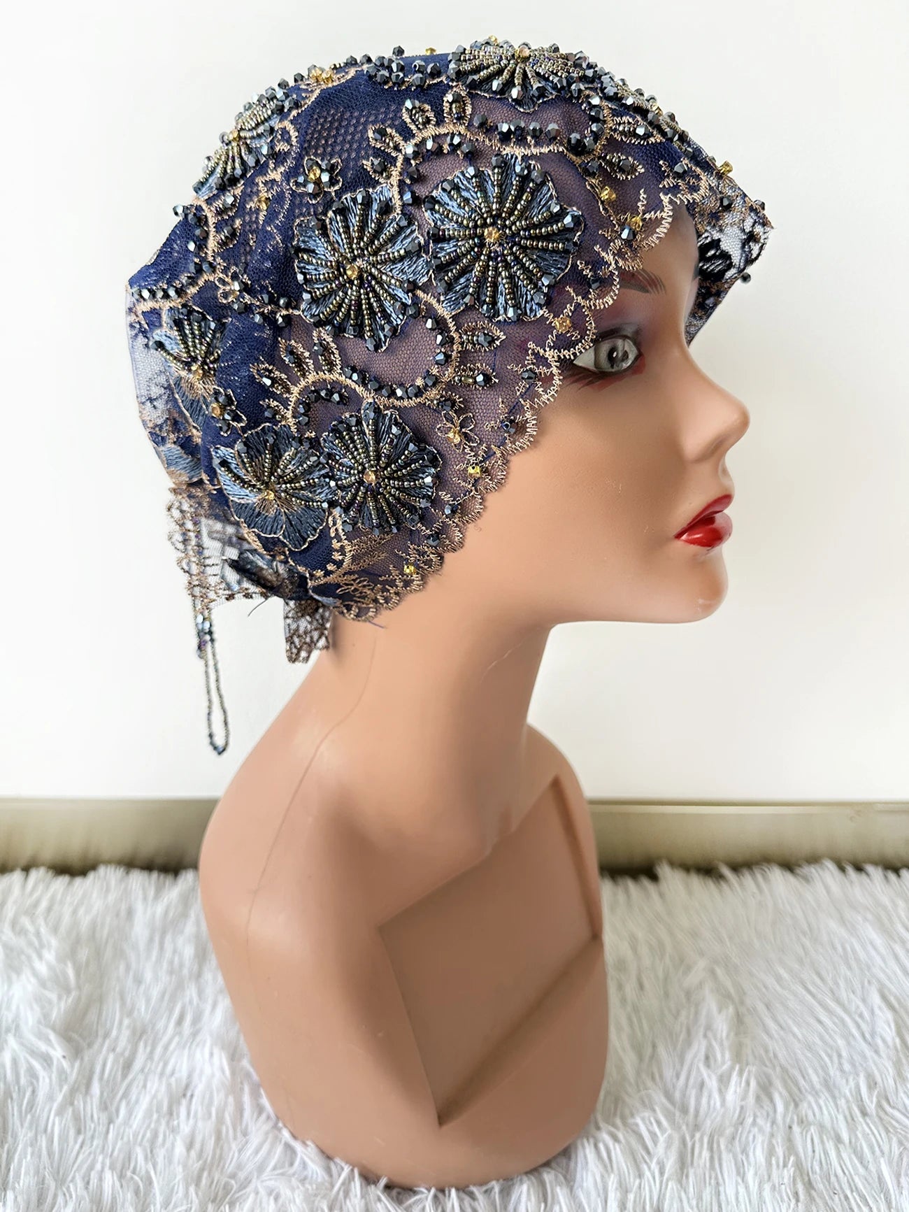 High Quality Lace handcrafted Beaded Turban Hat Female Head Wraps Caps Muslim Women Headscarf Bonnet Ready to Wear Inner Hijabs