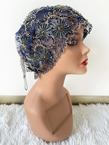 High Quality Lace handcrafted Beaded Turban Hat Female Head Wraps Caps Muslim Women Headscarf Bonnet Ready to Wear Inner Hijabs