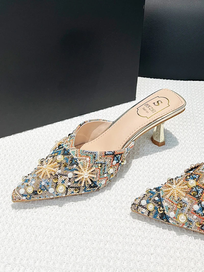 Luxury String Bead Decoration Design Brand High Heel Slippers Women Shiny Rhinestone Slide Sandals Elegant Wedding Bridal Shoes