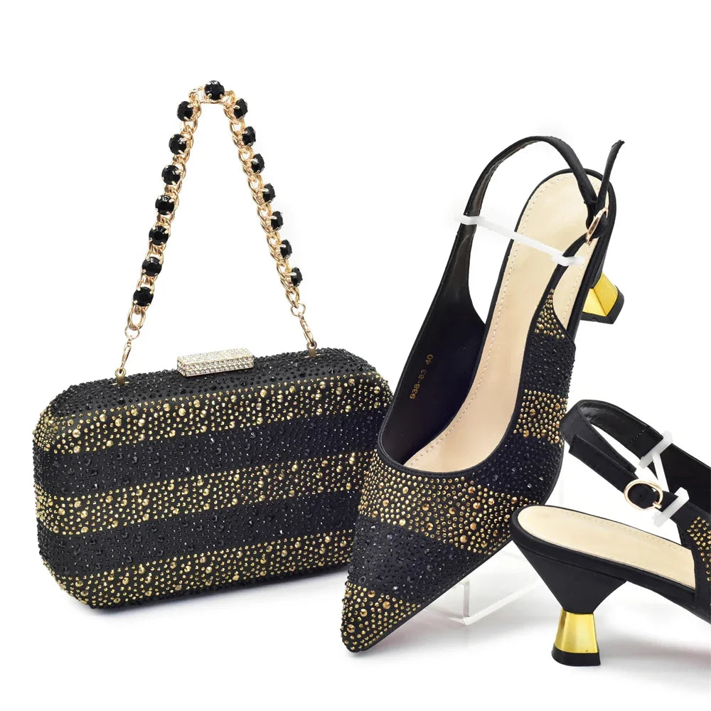Luxury Italian Shoes and Bag Set for Women Elegant Shoes Woman Heel Nigeria Party Shoes and Bags for Women Rhinestone Pumps