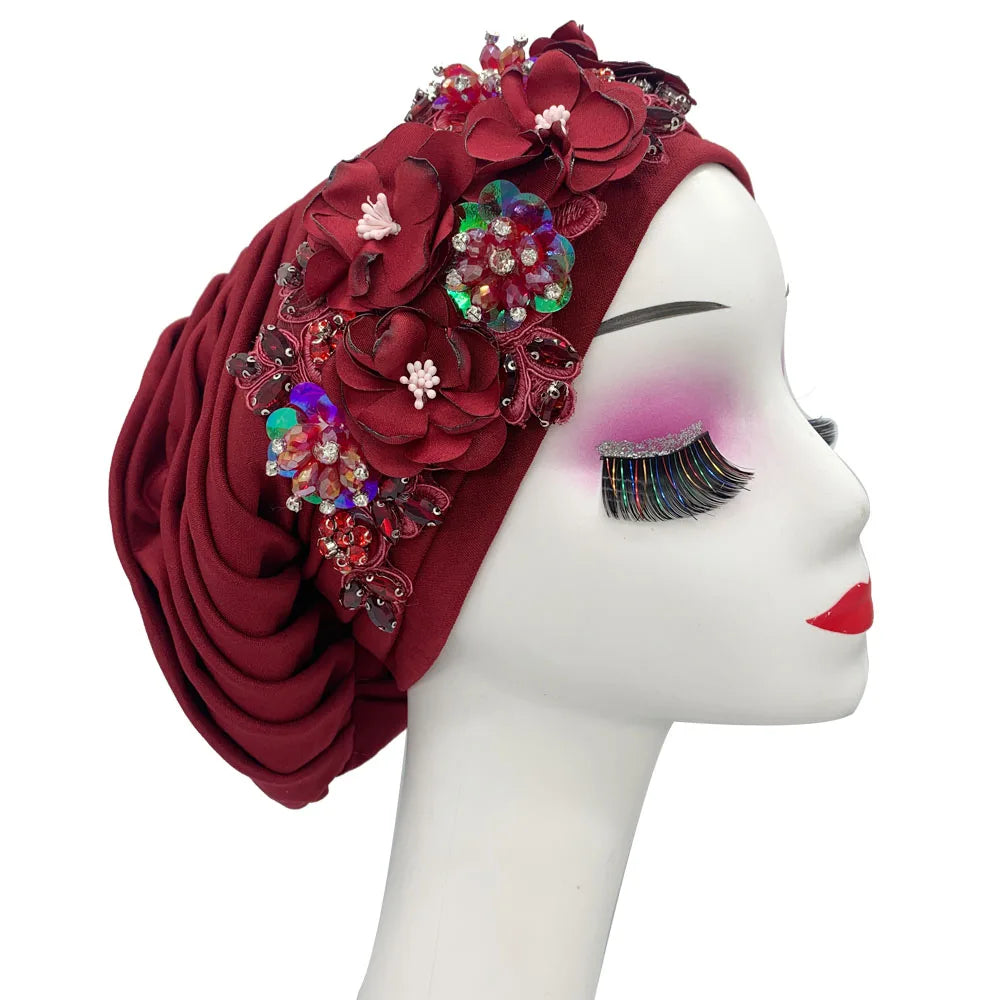 Elegant Flower Diamonds Women's Turban Cap African Party Headwear Hat Lady Head Wraps Muslim Headscarf Hats Turbante Mujer