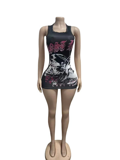 STYLISH LADY Letter Graphic Rhinestone Mini Dress Women Sleeveless Bodycon Tank Dress Gothic Streetwear Night Club Party Dresses