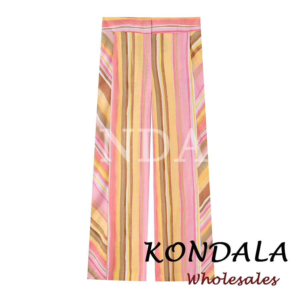 KONDALA Chic Striped Y2K Fashion 2026 Summer Long Pants Zipper Wide Leg Pockets Trousers Straight Female Casual Elegant Pants