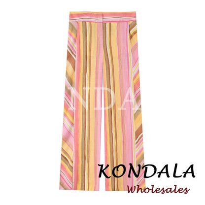 KONDALA Chic Striped Y2K Fashion 2026 Summer Long Pants Zipper Wide Leg Pockets Trousers Straight Female Casual Elegant Pants