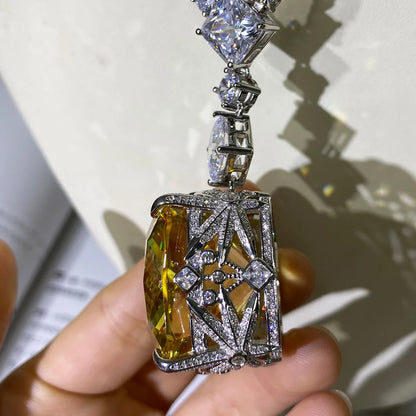 Wong Rain 100% 925 Sterling Silver 30*30 MM Created Moissanite Citrine Gemstone Wedding Cocktail Pendent Necklace Fine Jewelry