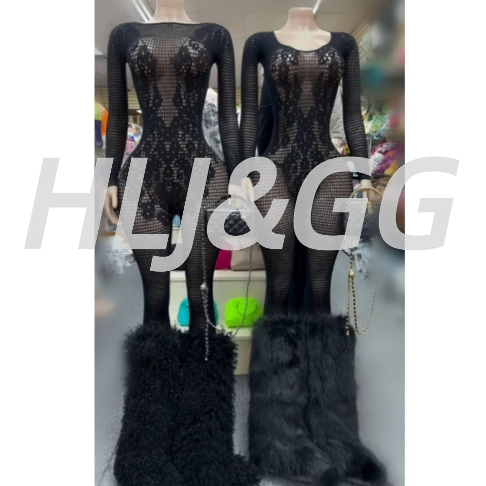 HLJ&GG Black Sexy High Quality Stretchy Knit See Though Bodycon One Piece Jumpsuits Women Long Sleeve Slim Playsuits Streetwear