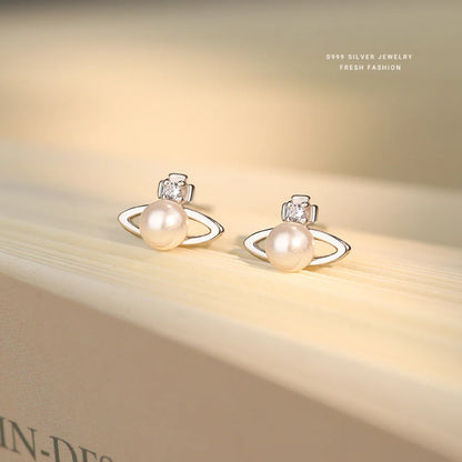 Fashionable Simple 999 Sterling Silver Zircon Planet Shell Earrings for Women Exquisite Light Luxury Jewelry