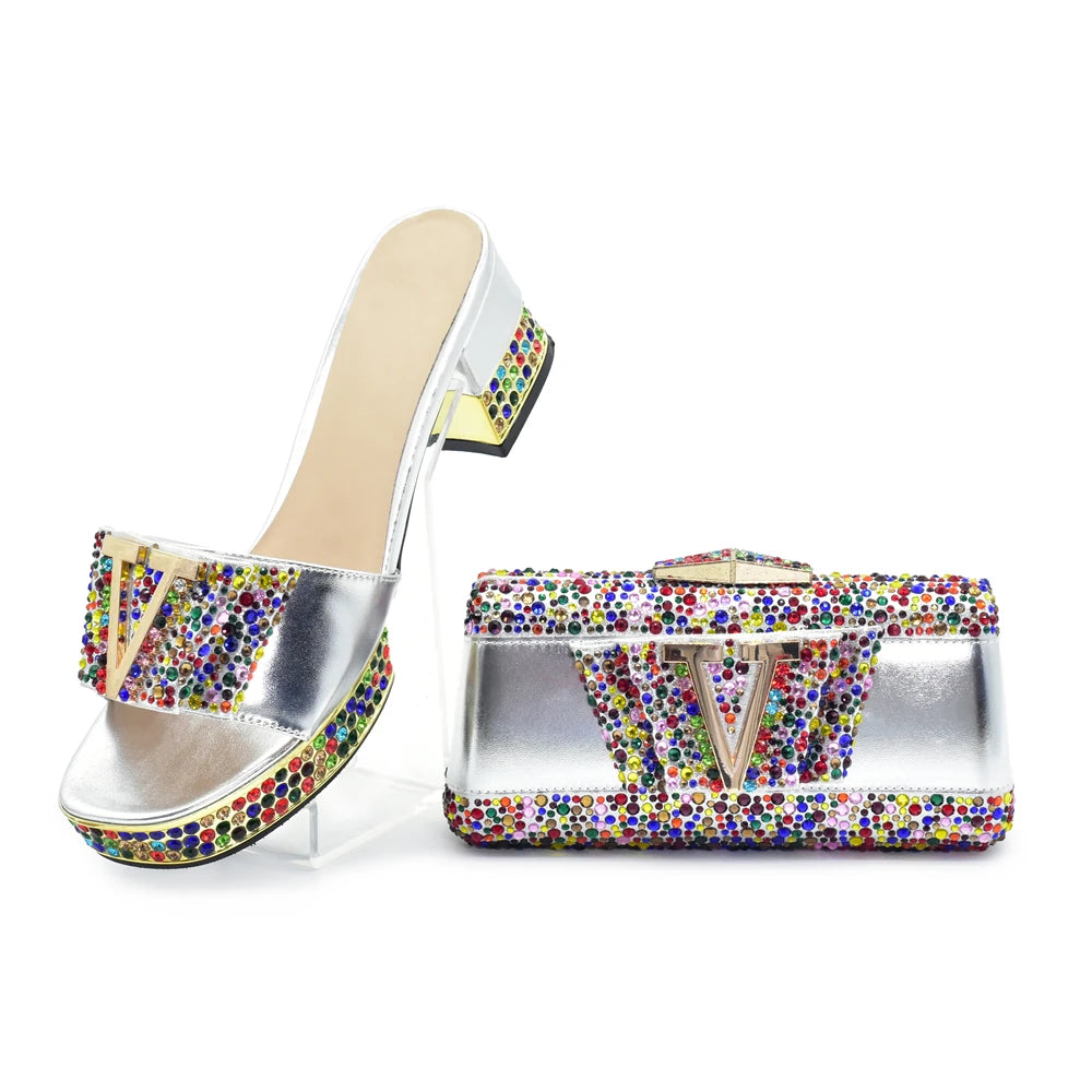 New Shoe and Bag for Nigeria Party Wedding Peep Toe Italian Women Shoes Matching Bag Decorate with Rhinestone for Wedding Dress