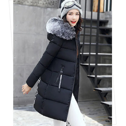 Women Winter Fur Collar Hooded Parka Coats Fashion Letter Patch Zipper Long Jacket Elegant Slim Warm Thick Female Snow Outerwear