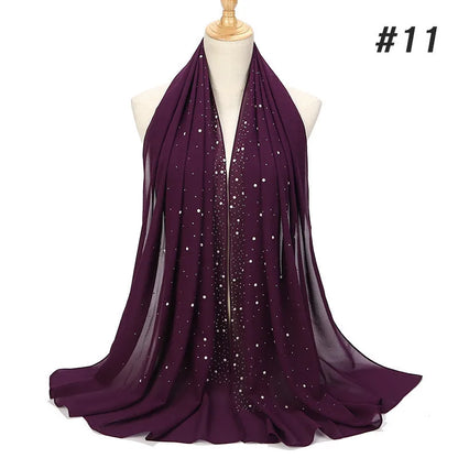 180*70CM New Plain Diamond Beads Bubble Chiffon Instant Hijab Shawls Solid Thick Head Wraps Foulard Sjaal Muslim Bonnet Cachecol