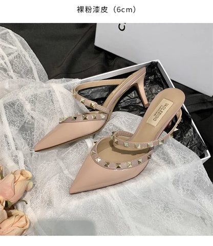 Heeled Sandals Summer Luxury Brand Rivets Women Slippers Fashion Leather Slingbacks Heels Slippers Designer Party Prom Shoes