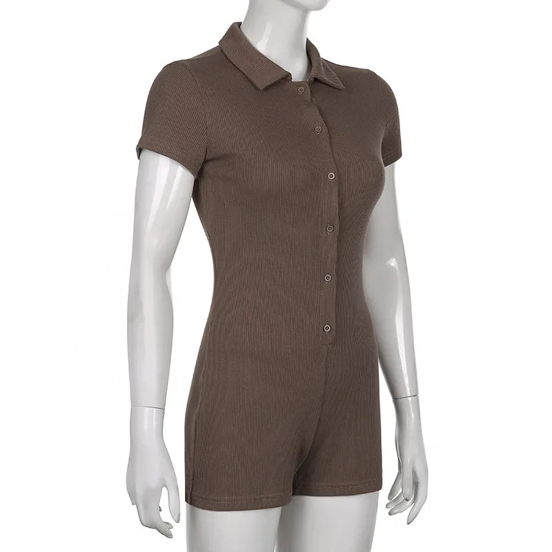 Fashion Solid Color Lapel Short Playsuit One-Piece Slim Fit Button Down Short Sleeve Rompers Casual Knit Y2k Womens Clothing