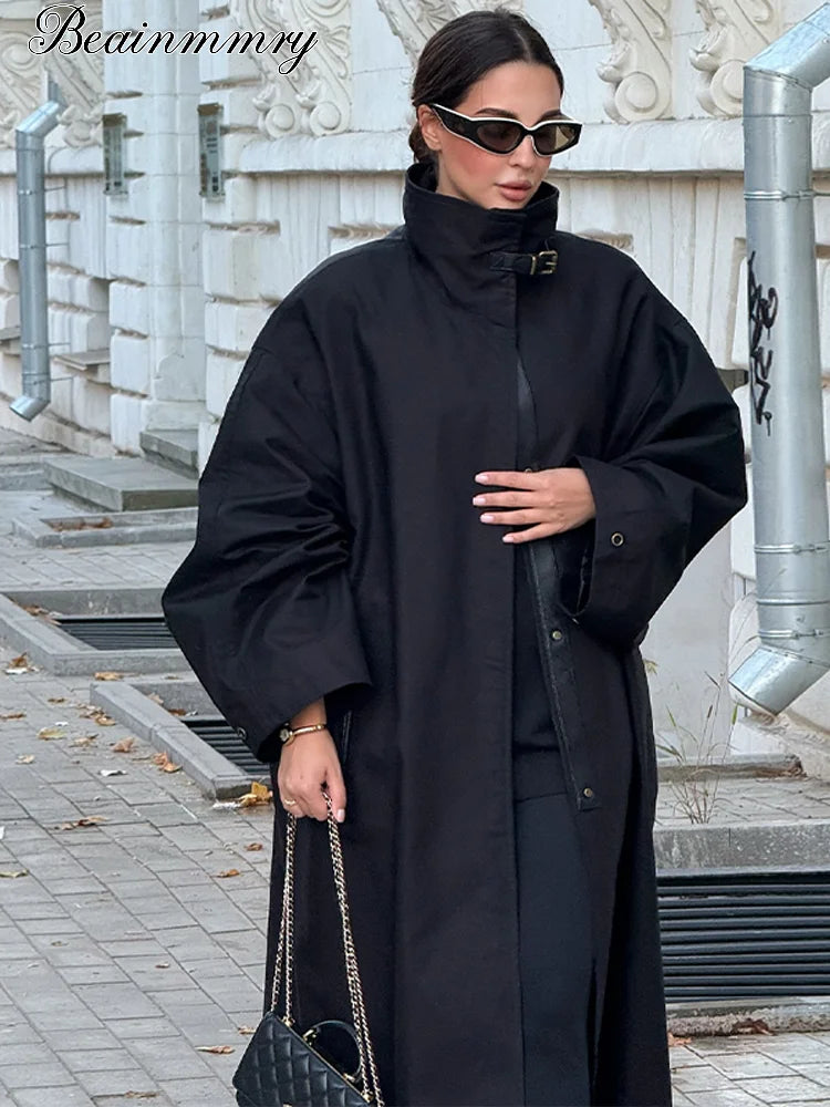 Women Black Long Solid Color Trench Coat Stand Collar Loose Drop Shoulder Single-breasted Windbreaker Lady Commute Outing Wear