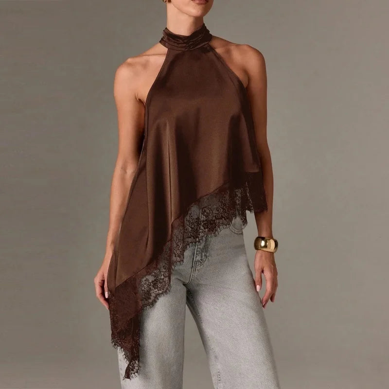 Women Y2k Mock Neck Halter Top Satin Lace Asymmetrical Hem Tank Tops Sleeveless Elegant Going Out Crop Tops