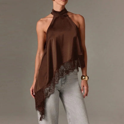 Women Y2k Mock Neck Halter Top Satin Lace Asymmetrical Hem Tank Tops Sleeveless Elegant Going Out Crop Tops