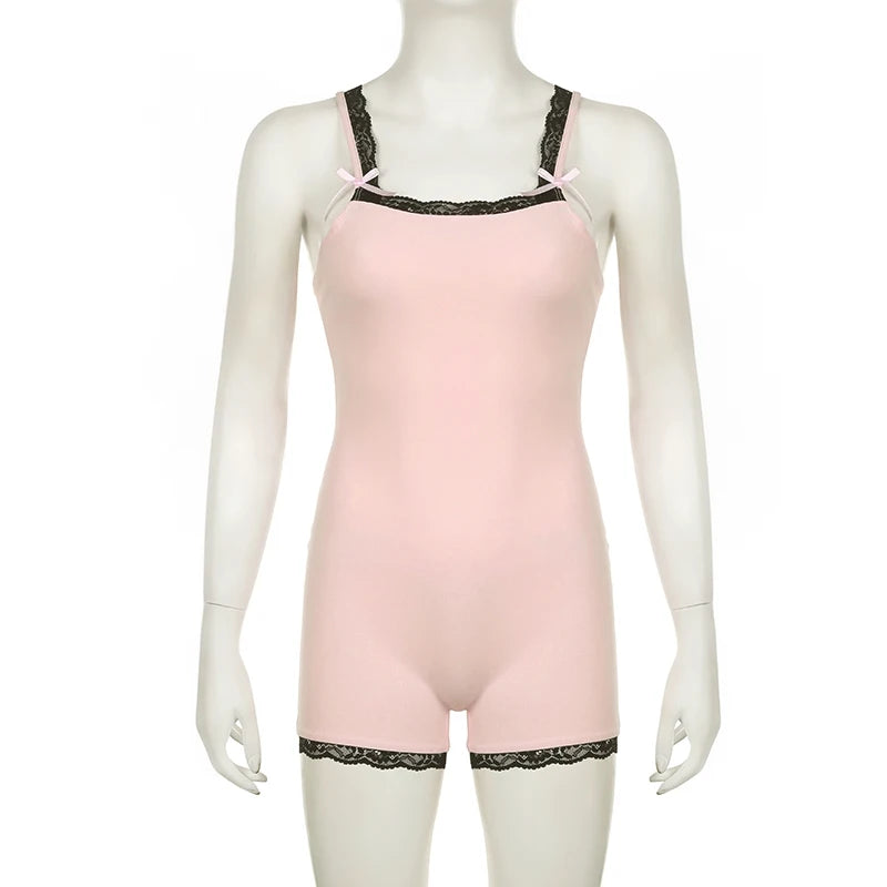 SUCHCUTE Sexy Lace One Piece Short Summer Women Solid Slim Sleeveless Romper Y2K Streetwear Bodysuit Casual Jumpsuit Sports Yoga