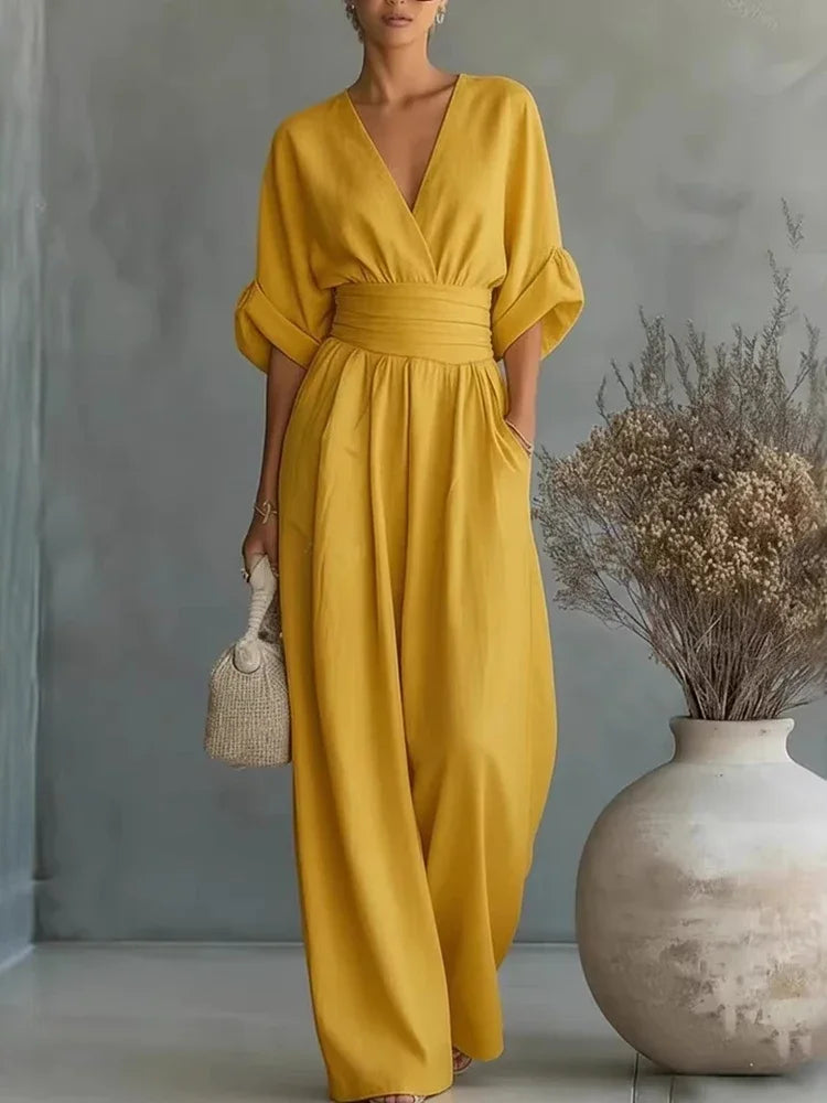 Women Elegant Linen V Neck Short Sleeve Jumpsuit Waist Cinched Wide Leg Long Pants Rompers with Pockets Casual Ladies Overalls
