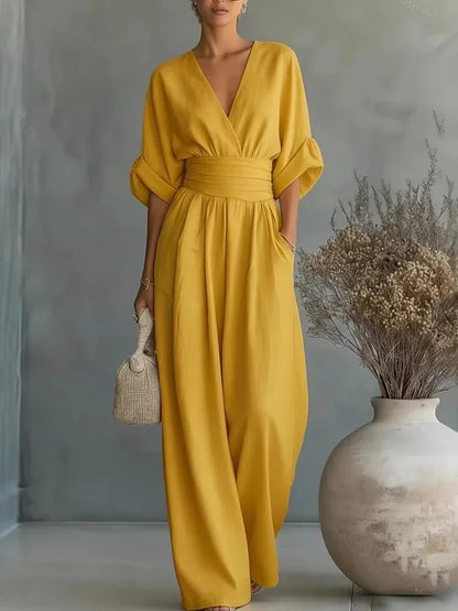 Women Elegant Linen V Neck Short Sleeve Jumpsuit Waist Cinched Wide Leg Long Pants Rompers with Pockets Casual Ladies Overalls