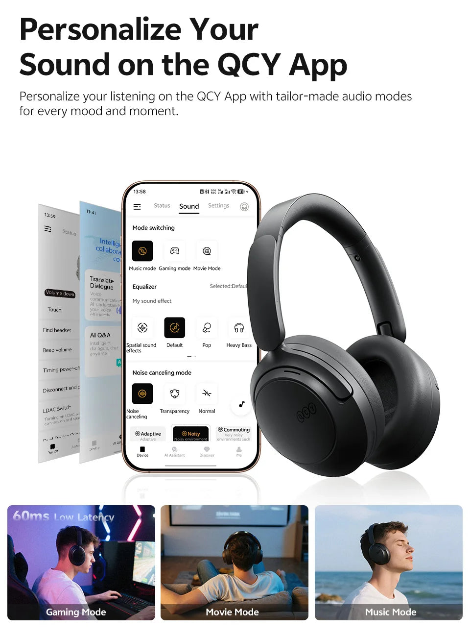 QCY H3S Over Ear Headphone Hi-Res LDAC Spatial Sound Headset H3S -56dB Adaptive ANC Wireless Earphone Bluetooth 6.0 102Hrs