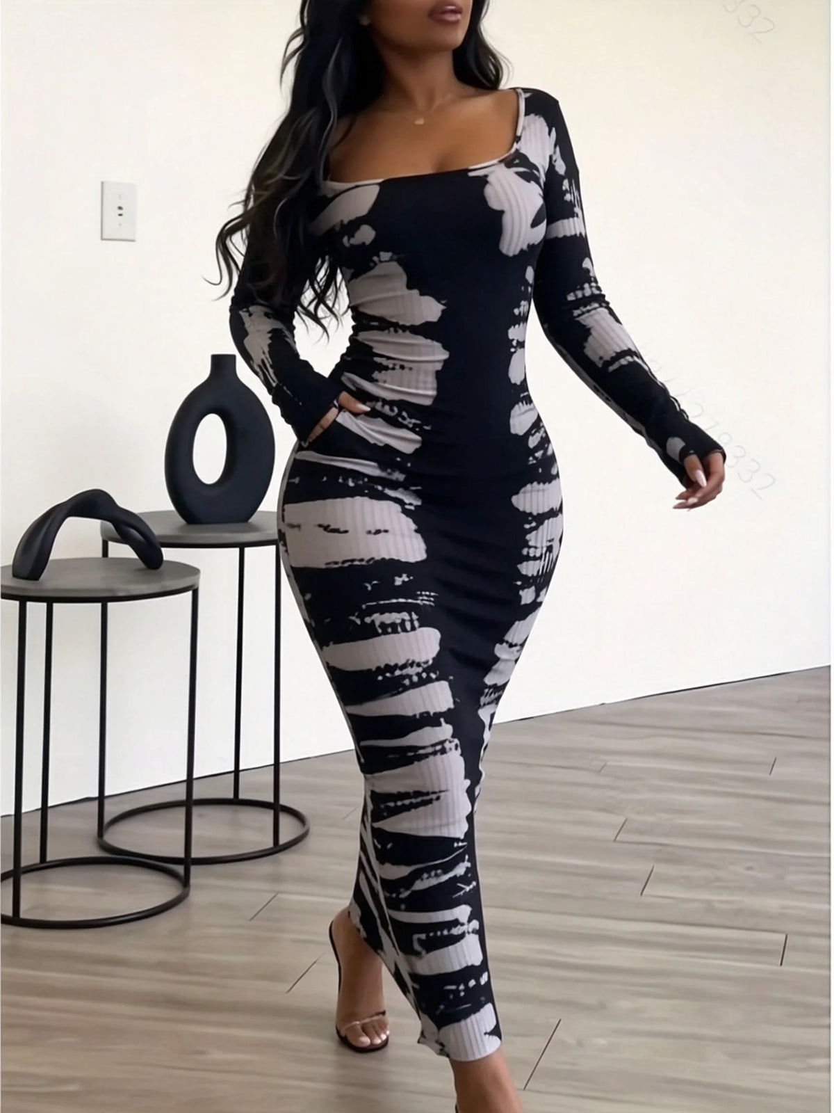 Slim Fit Hip Hugging Long Dress Square Collar Long Sleeves Waist Cinching Figure Show off Square Collar Long Skirt