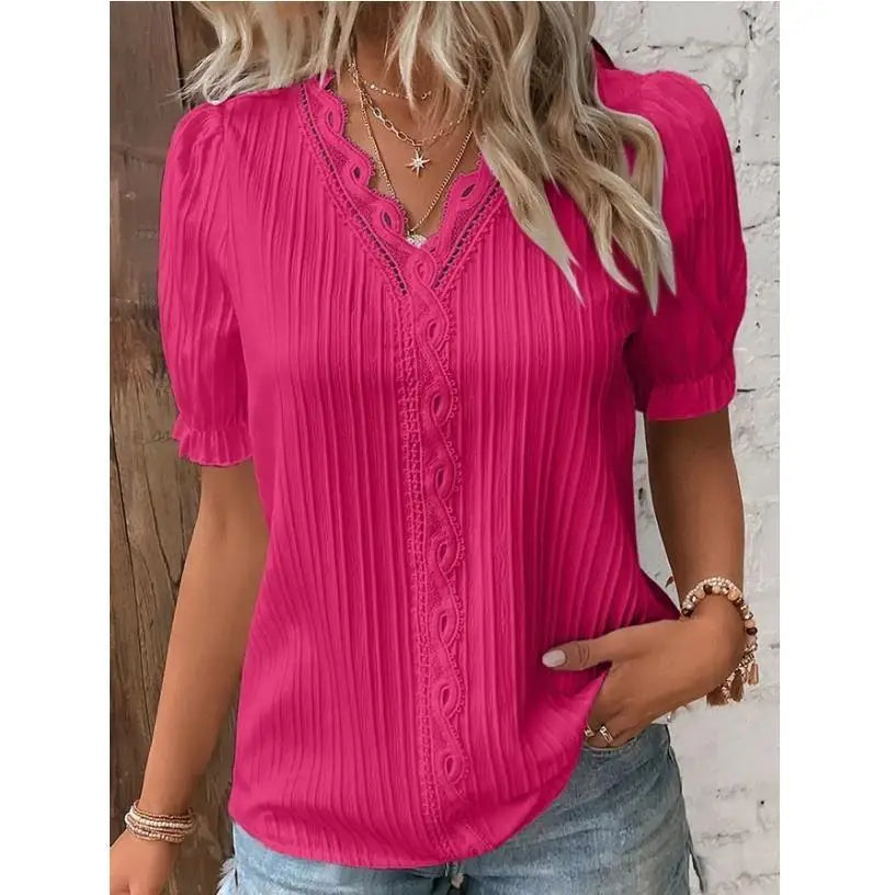 Elegant Women Blouse Shirt V Neck Lace Patchwork Short Sleeve Shirts For Women Summer Lady Tops