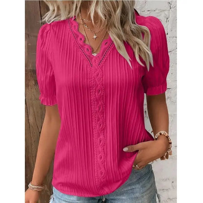 Elegant Women Blouse Shirt V Neck Lace Patchwork Short Sleeve Shirts For Women Summer Lady Tops