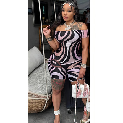 FAGADOER Sexy Stripe Print Bodycon Romper Women Off Showlder Backless One-piece Jumpsuits Hot Girl Streetwear Overalls 2025 New