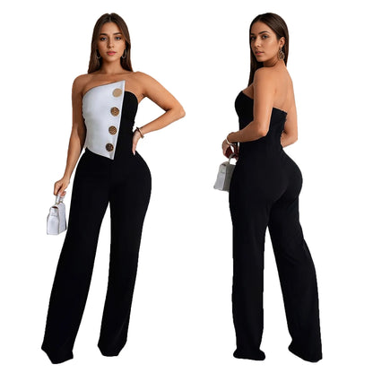Sexy Backless Strapless Jumpsuit Summer Women Fashion Solid Button Sleeveless Slim Fit Wrap Hip Jumpsuits Elegant Office Romper
