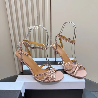 Women Crystal Rhinestone High Heel Sandals 2026 Summer New Toe Ankle Strap Thin Heels Transparent Silver Party Wedding Shoes