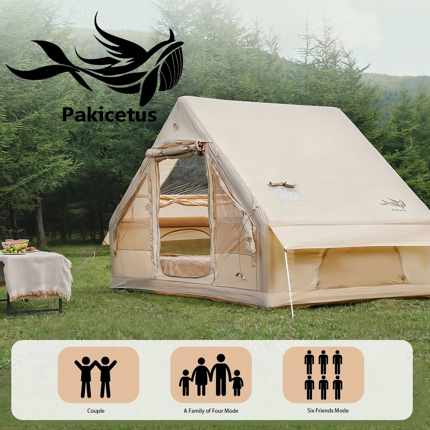 PAKICETUS Luxury Inflatable Camping Tent with Skylight Quick Setup Blow Up Tent with Air Pump 4-6 Persons Large Family Portable Outdoor Tent for Camping Hiking Backyard
