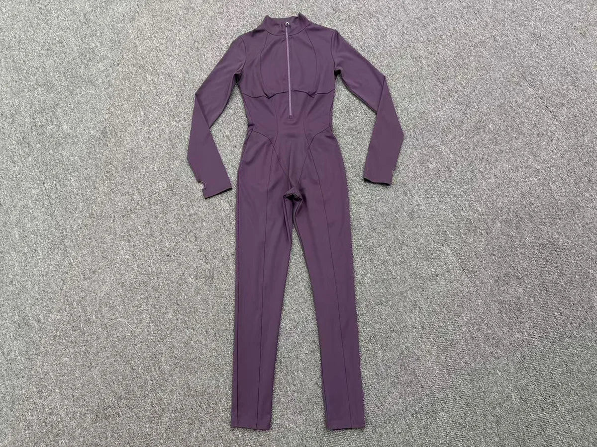 Zipper Jumpsuits for Woman No Padding Sports Overalls for Women Long Sleeve Gym Clothes Woman Activewear 2026 Purple Coffee XL