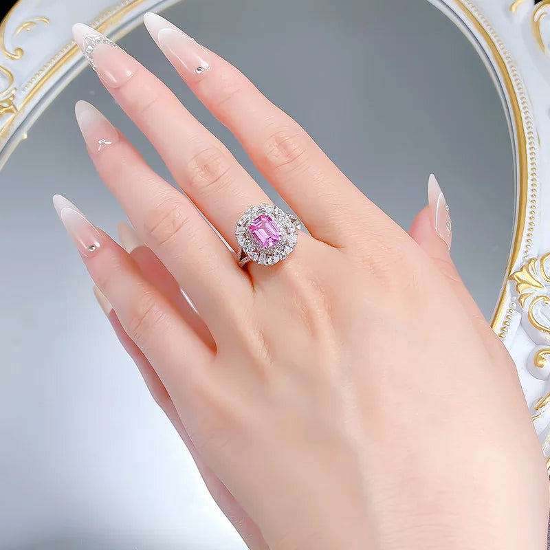 Luxury 18K white Solid Platinum PT950 certifid rectangular 6*8mm pink sapphire culture ring with multi-shaped diamond surround