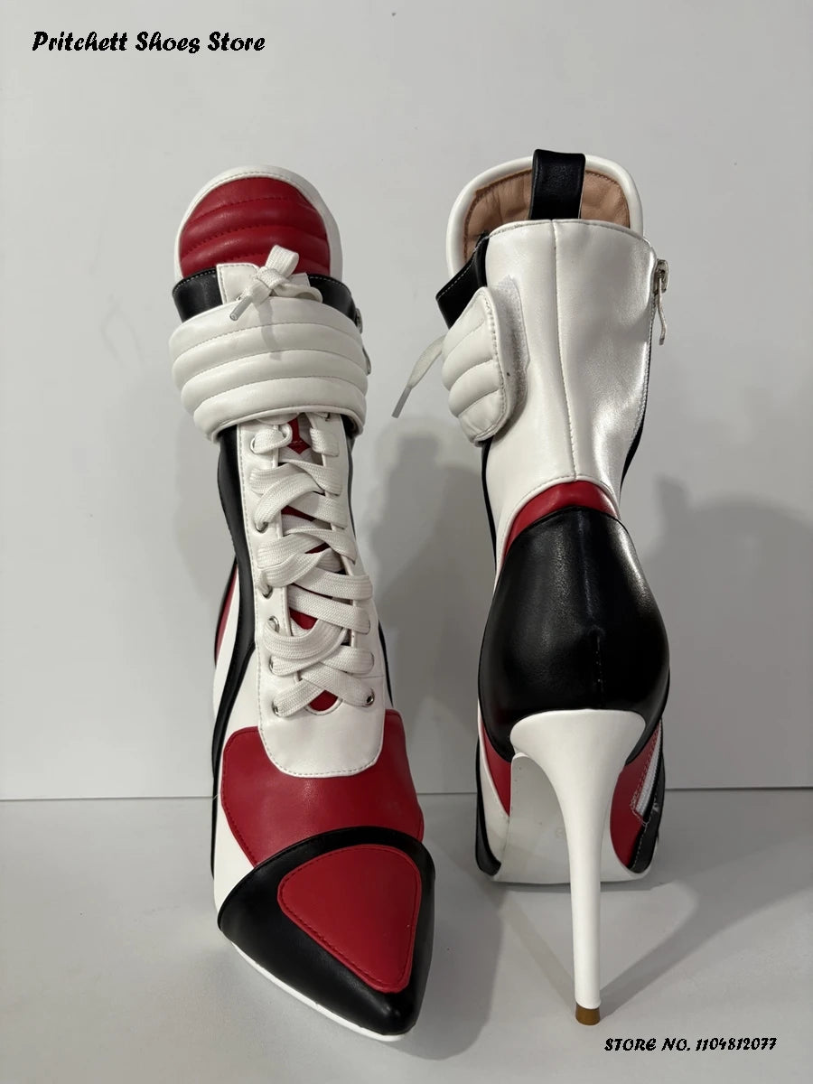 Women's Sports Style Stiletto Booties Patchwork Cross-tied Trending Ankle Boots Pointed Toe Thin Heels Side Zip Plus Size Shoes