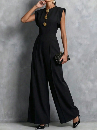 Women's Jumpsuits & Rompers, Black Sleeveless Wide Leg with Decorative Buttons, Tailored Formal Evening Outfit