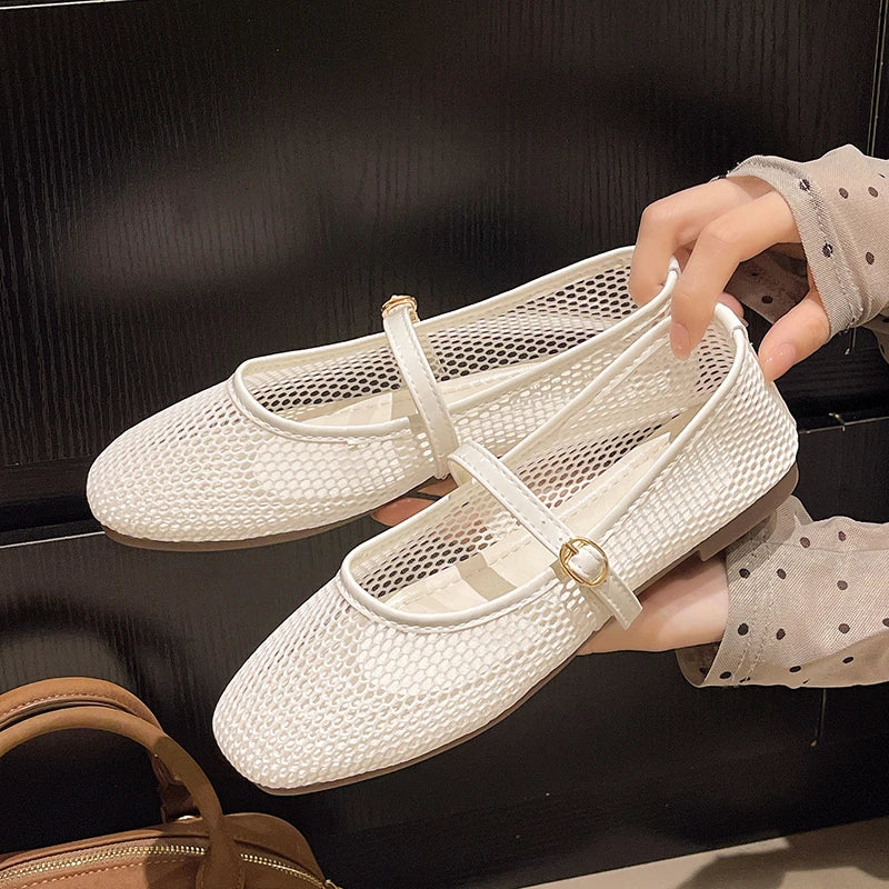 Women Luxury Sandals Flats Shallow Beach Comfort Retro Female Mary Jane Fishing Net Ballet Shoes Women's Soft Bottom Flat Hollow
