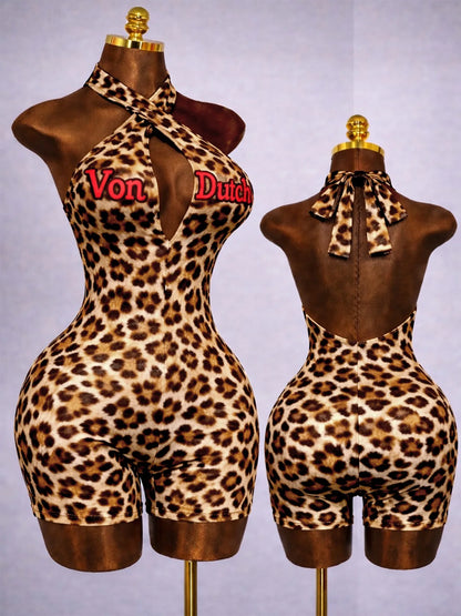 Women Jumpsuit Spring Summer Fashion Letter Print Crossed-Neck Deep V Backless Shorts Jumpsuit Girl Sexy Leopard Bodycon Rompers