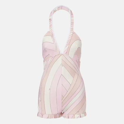 Sexy Blue Geometric Print Halter Romper Women Deep V Neck Ruffle Hem Sets 2026 Lady New Summer Beach Party Fashion Jumpsuits