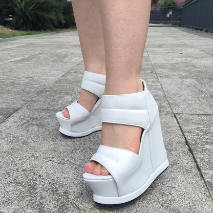 Women Thick Bottom High Heels White Platform Summer Roman Sandals 14CM Gladiator Non-Slip Wedge Shoes Model Sandalies Plus Size