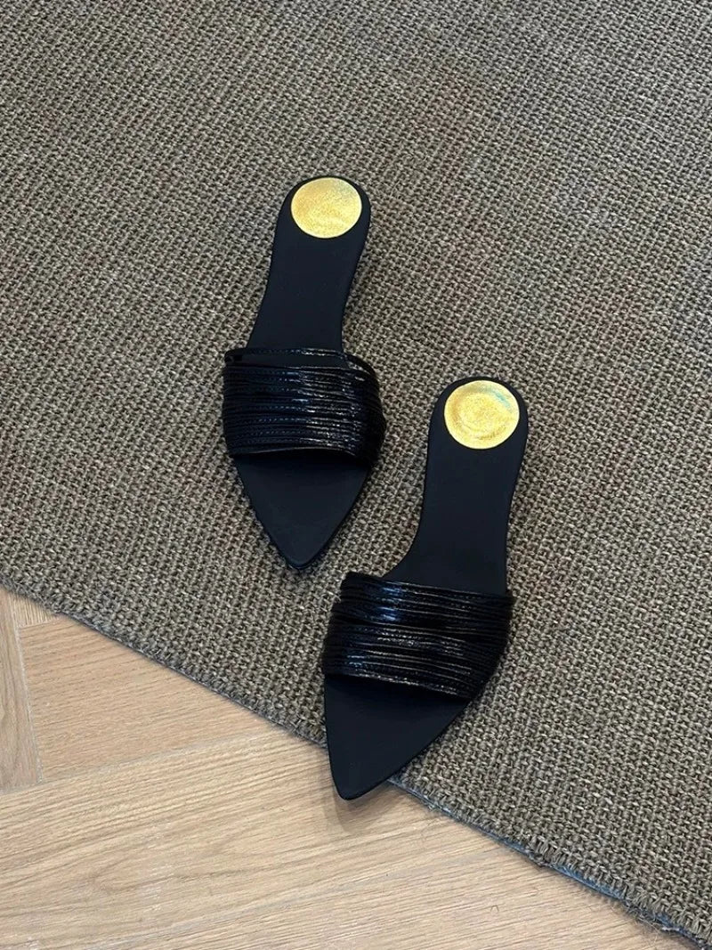 Black Pointed Toe Narrow-band Mule Slippers Women Sexy Open Toe Kitten Heel Slide Sandals Luxury Gold Embellished Design Shoes