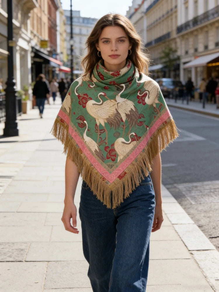 Tassel Floral Women ’s Scarf Large Square Silky Satin Scarf With Olive Fringe Trim Scarf Female 2026 Spring Woman Accessory