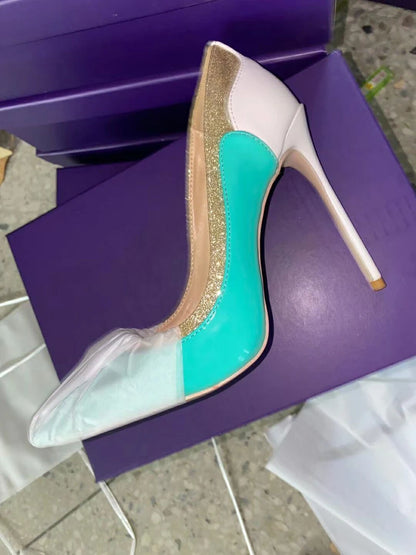 Mint Blue Red Patchwork Glitter Mixed Color Pumps Patent Leather Pointed Toe 12cm Stiletto Heels Wedding Shoes Women
